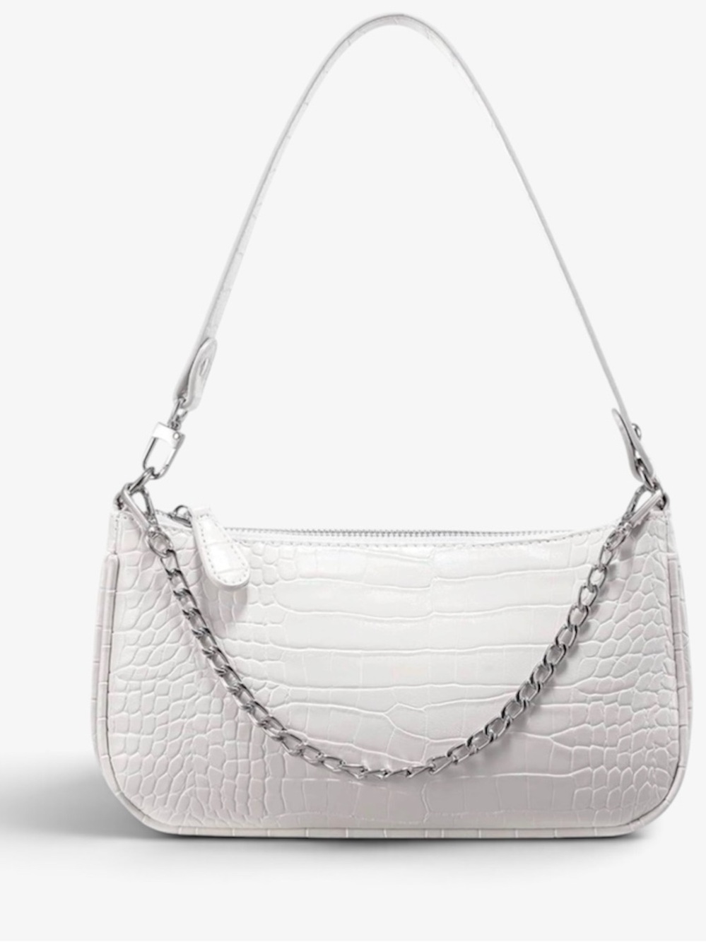 White Croc Embossed Baguette Shoulder Bag | Y2K Minimalist Silver Chain Purse